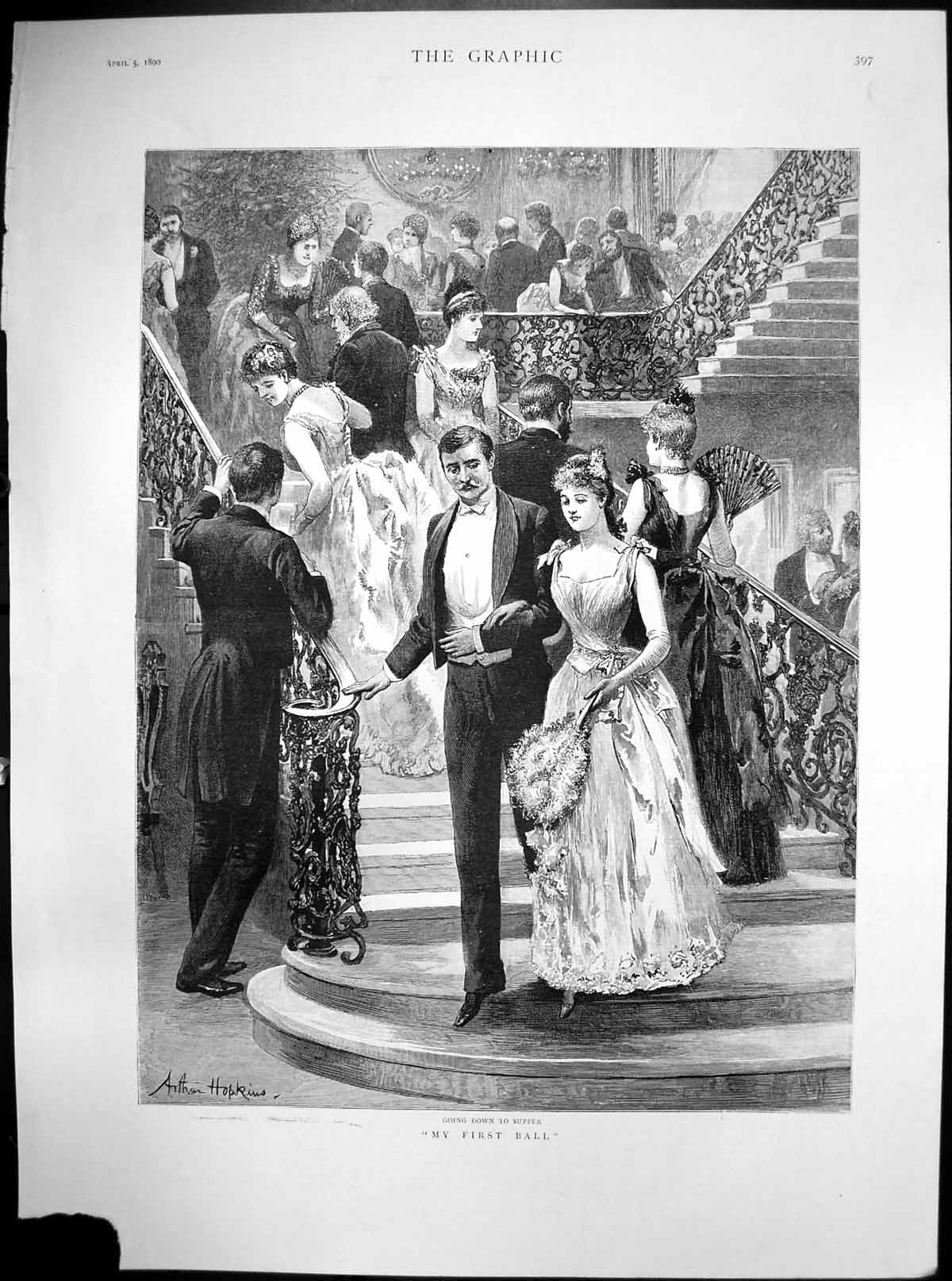Original Old Antique Print My First Ball Going Down To Supper A Hopkins 1890