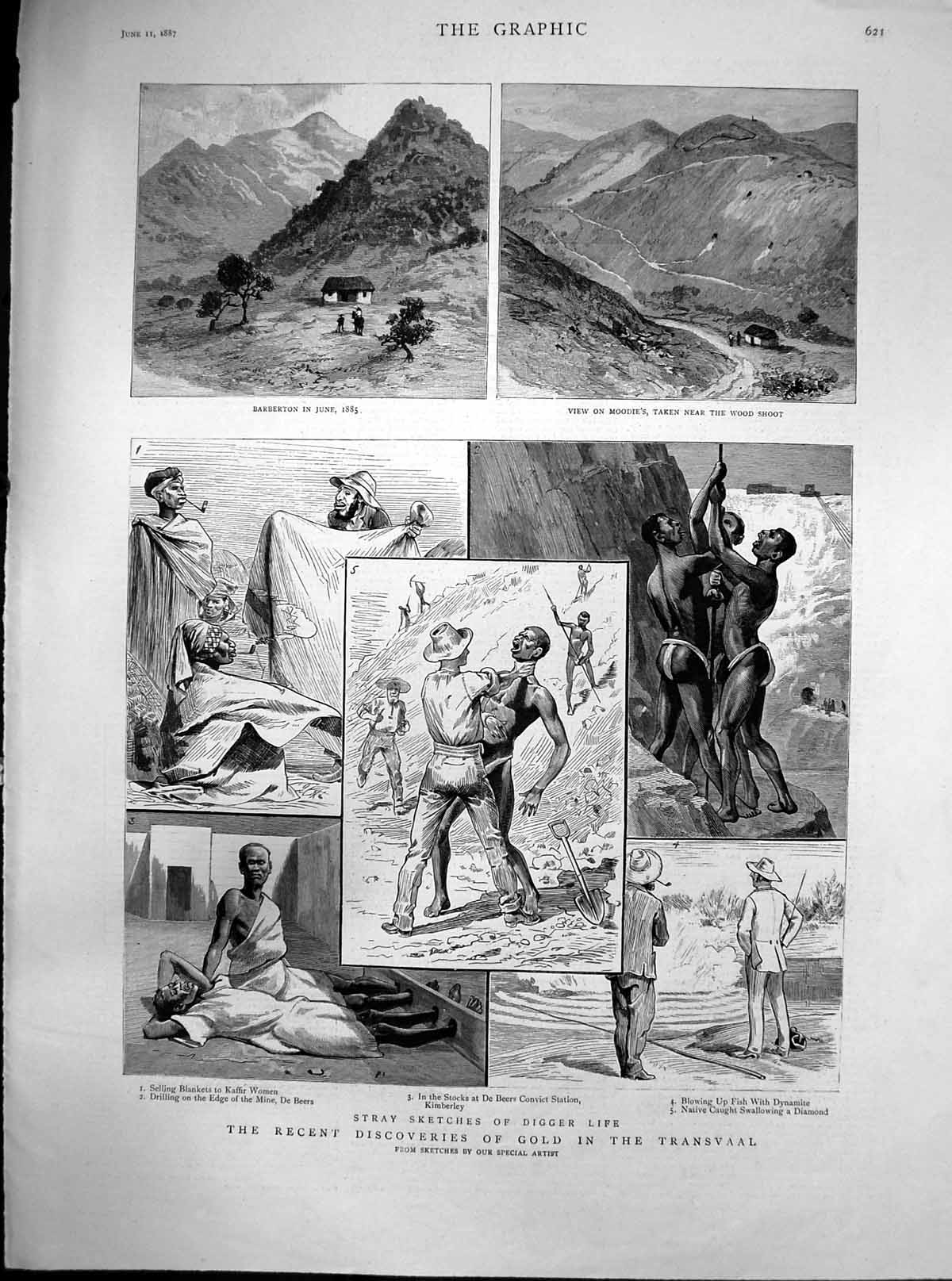 Antique Old Print Discoveries GTransvaal Digger Life Drilling Dynamite 1887