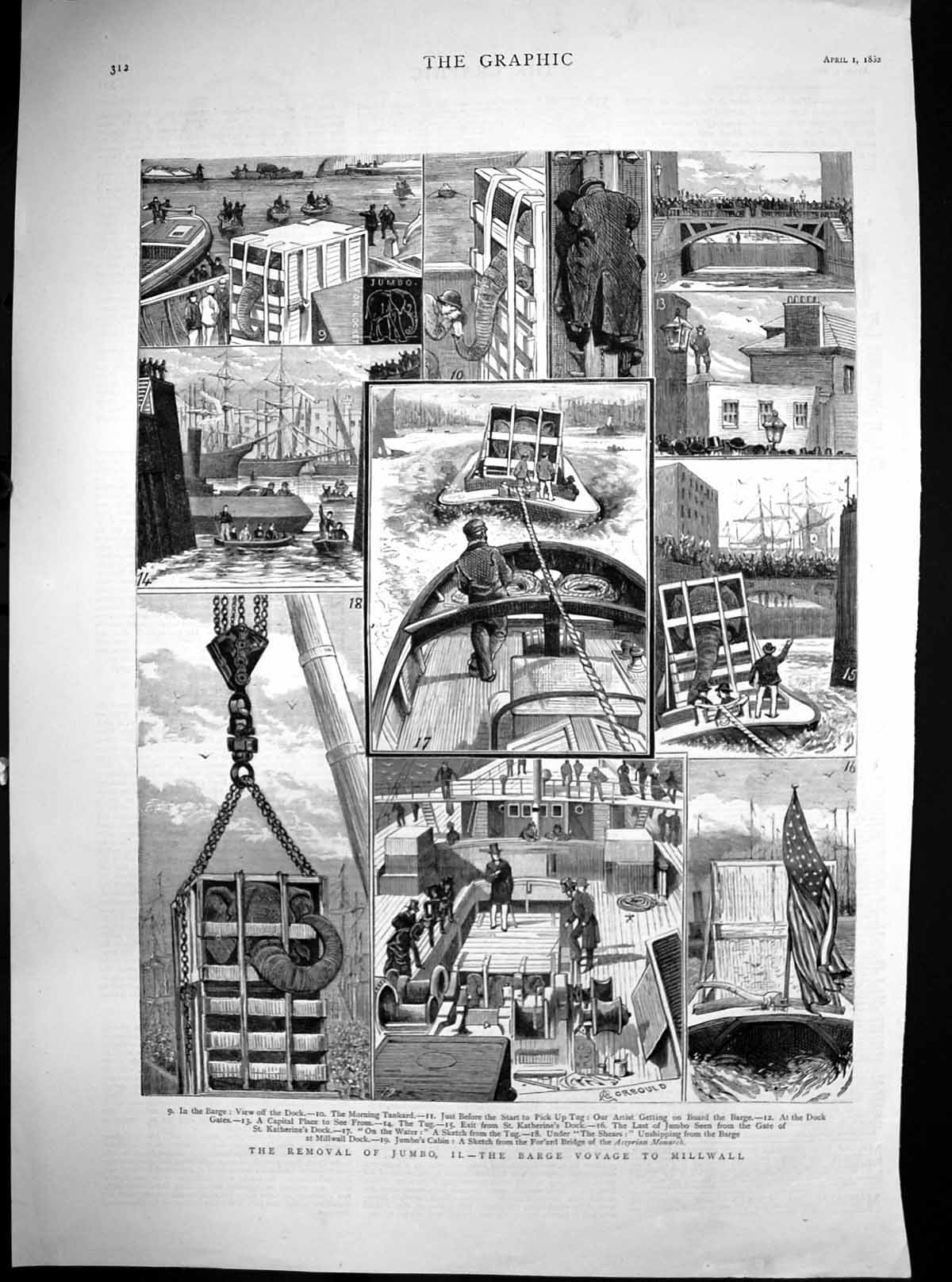 Original Old Antique Print Removal Jumbo Elephant Barge Voyage Millwall 1882