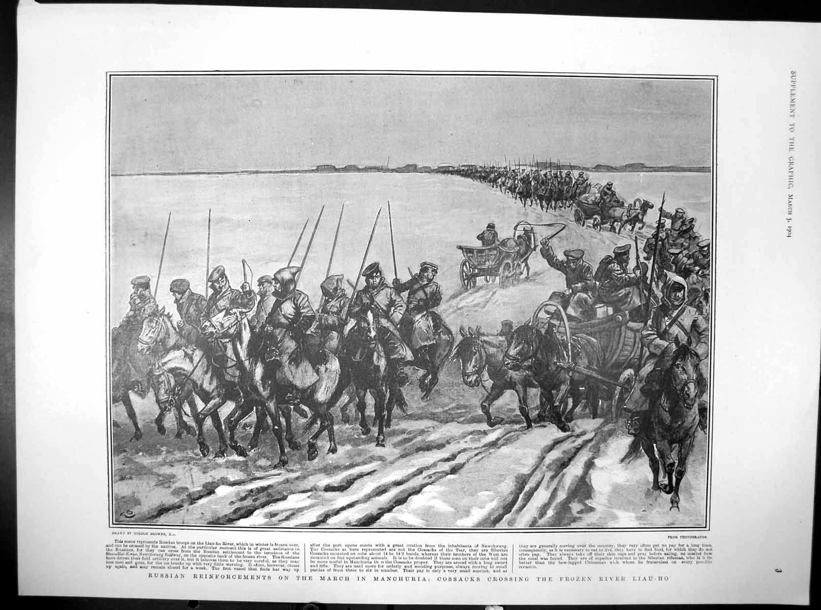 Original Old Antique Print Russian Reinforcements March Manchuria Cossacks 1904