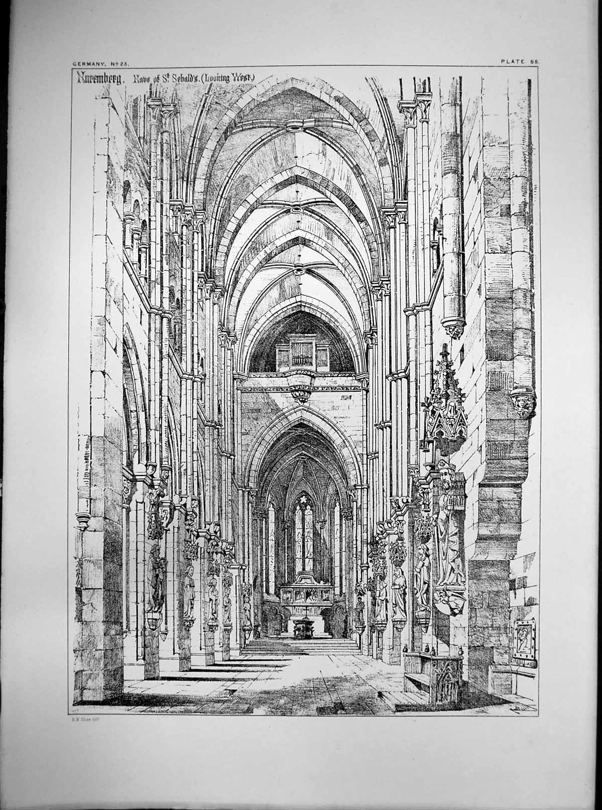 Original Old Antique Print Nuremberg Nave St Sebalds Looking West C1900 20th
