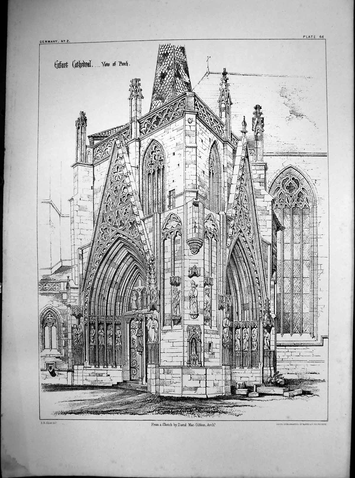 Original Old Antique Print Erfurt Cathedral Germany View Porch C1856 Victorian