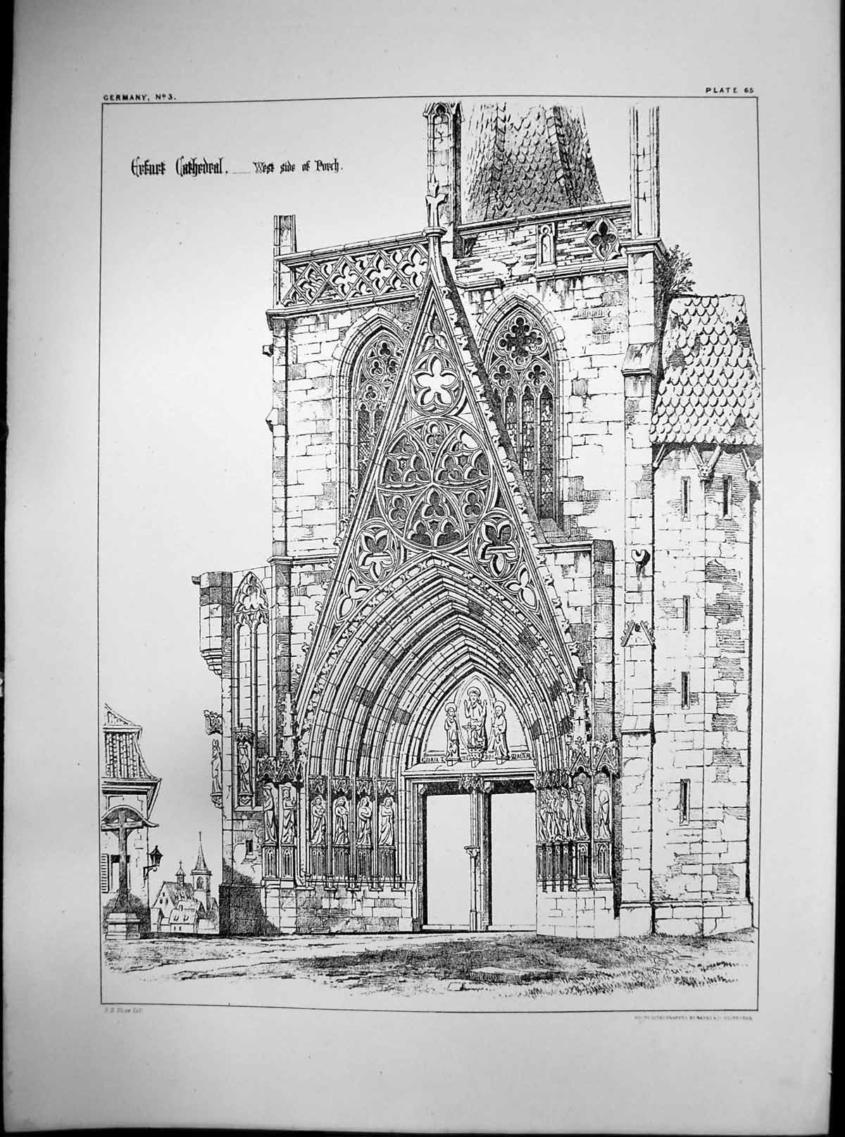 Original Old Antique Print Erfurt Cathedral West Side Porch C1856 Victorian