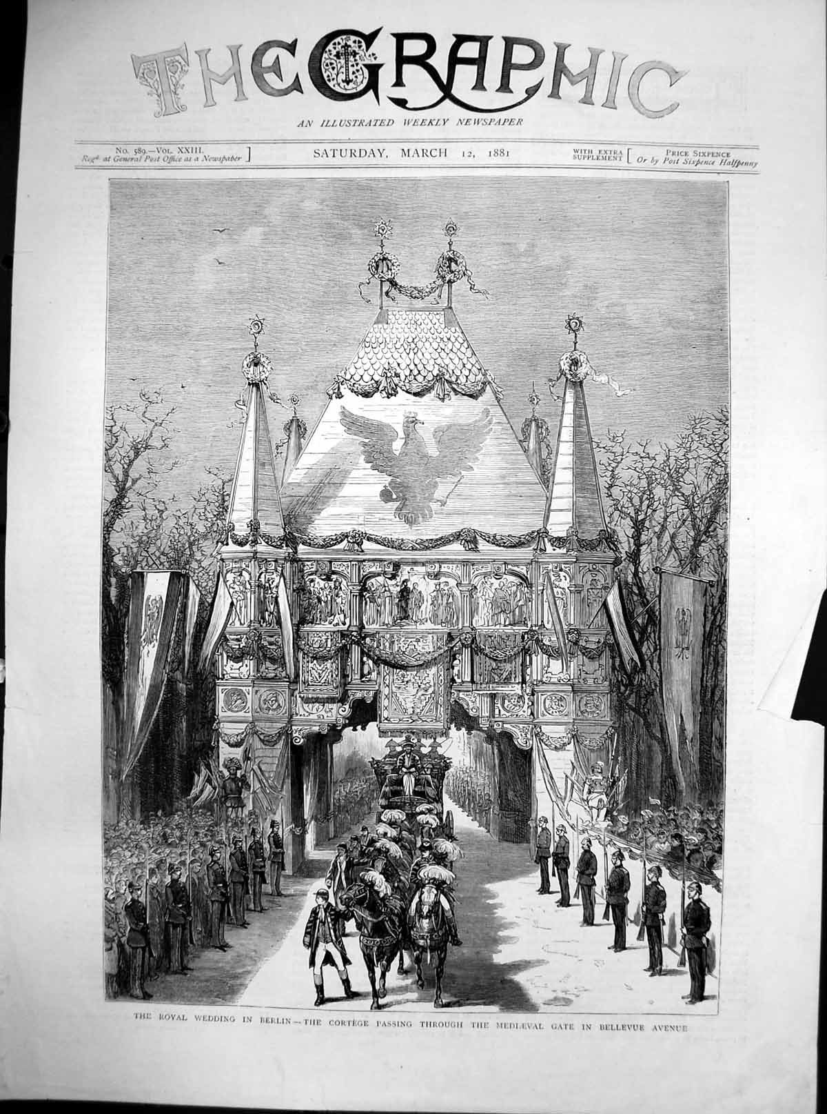 Old Antique Print Royal Wedding Berlin Cortege Passing Medieval Gate 1881 19th