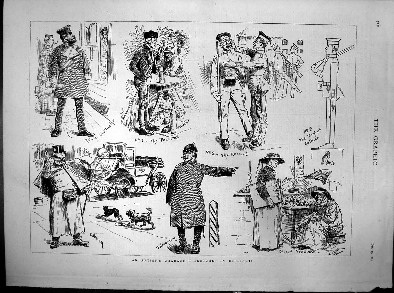 Old Antique Print Character Sketches Berlin Policeman Street Vendors 1882 19th