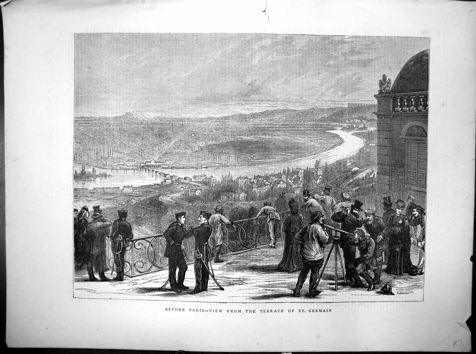 Original Old Antique Print Before Paris View From Terrace St Germain 1871 19th