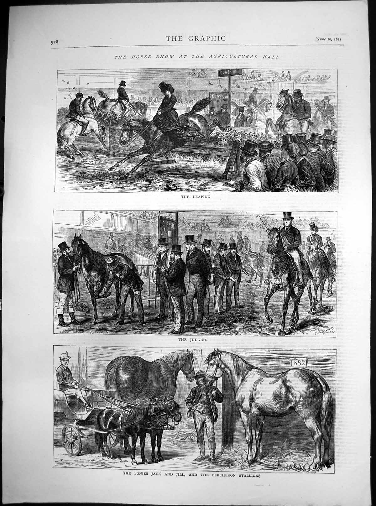 Original Old Antique Print Horse Show Agricultural Hall Judging Leaping 1871