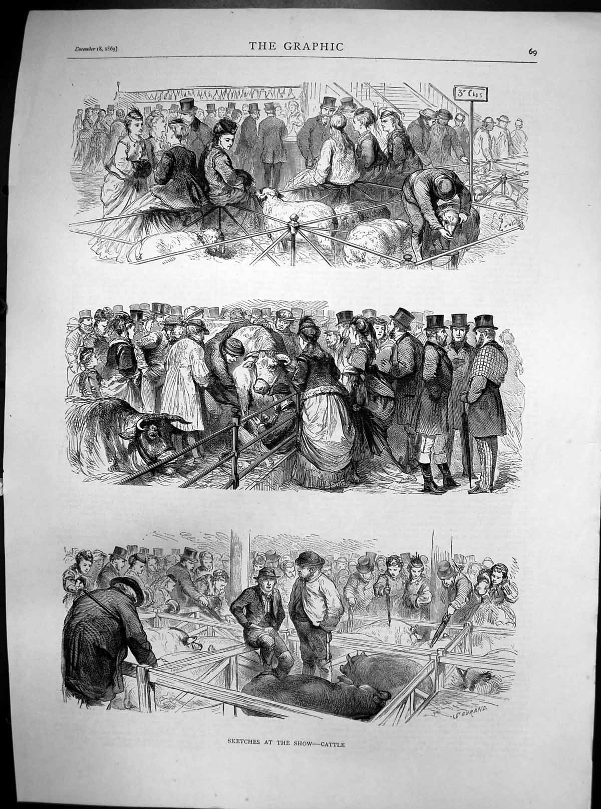 Original Old Antique Print Sketches Agricultural Show Cattle Sheep 1869 19th