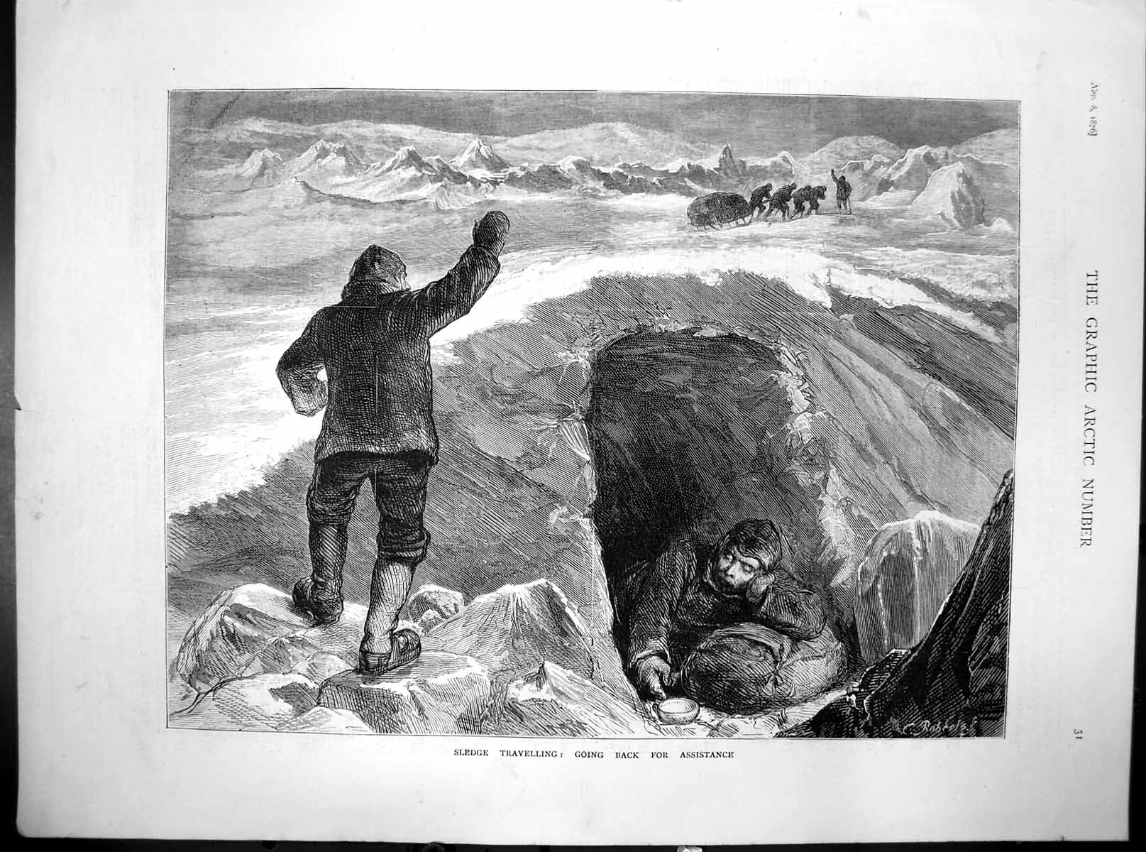 Original Old Antique Print Sledge Travelling Going Back For Assistance 1876