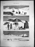 Antique Old Print Nature Arctic Regions Esquimaux Huts North Star Bay 1875 19th