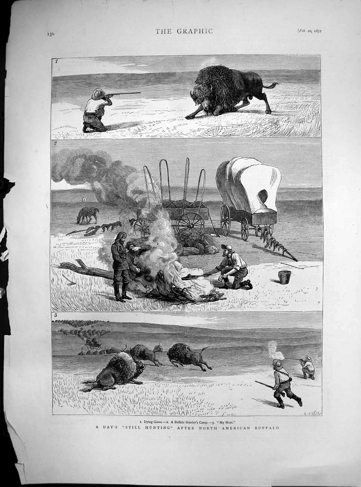 Original Old Antique Print Days Still Hunting North American Buffalo 1877 19th