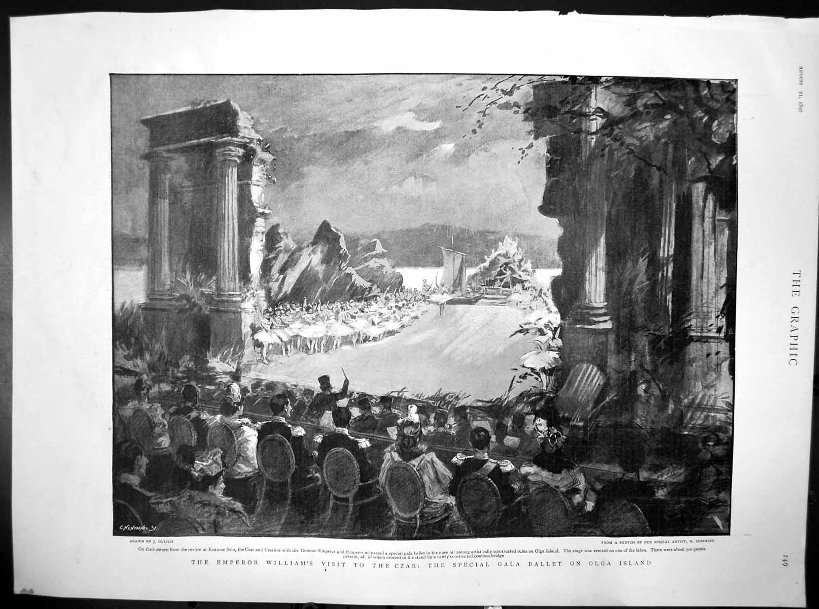 Antique Old Print Emperor Williams Visit Czar Gala Ballet Olga Island 1897 19th
