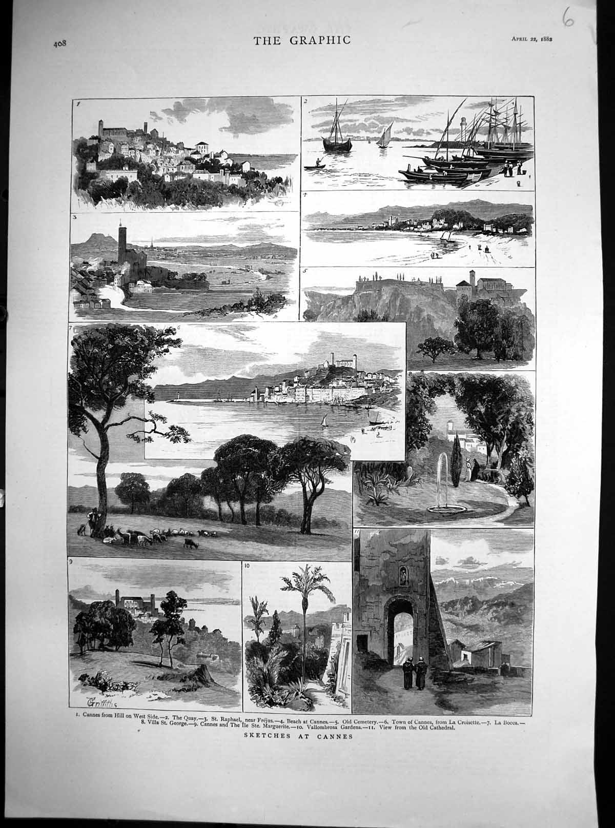 Antique Old Print Sketches Cannes Quay Beach La Bocca Vallombrosa Garden 1882