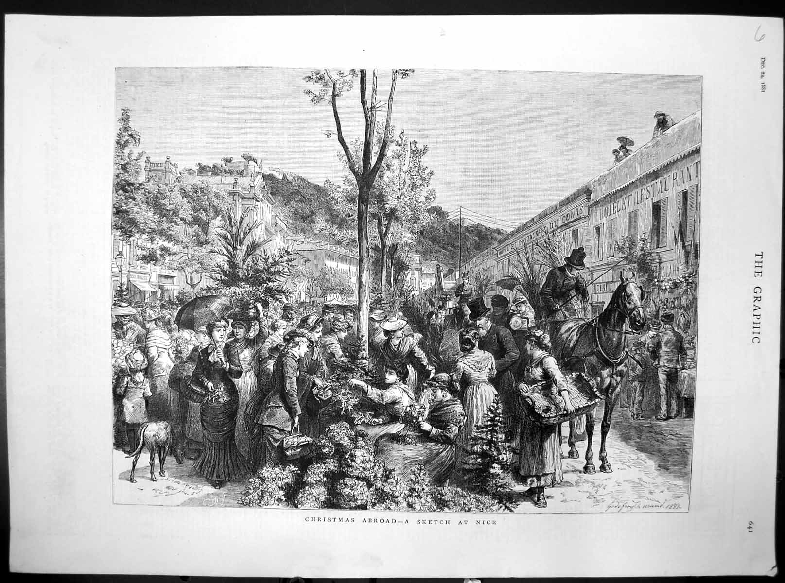 Original Old Antique Print Christmas Abroad Street Scene Nice 1881 Victorian