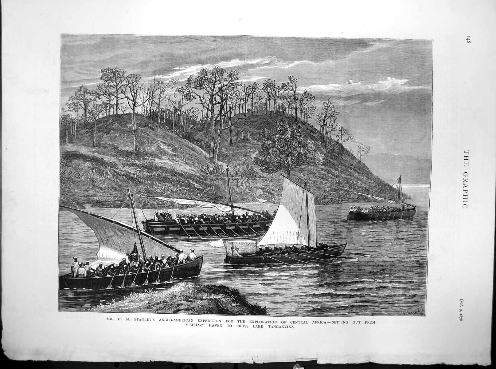 Antique Old Print Stanleys Expedition From Msehazy Cross Lake Tanganyika 1878