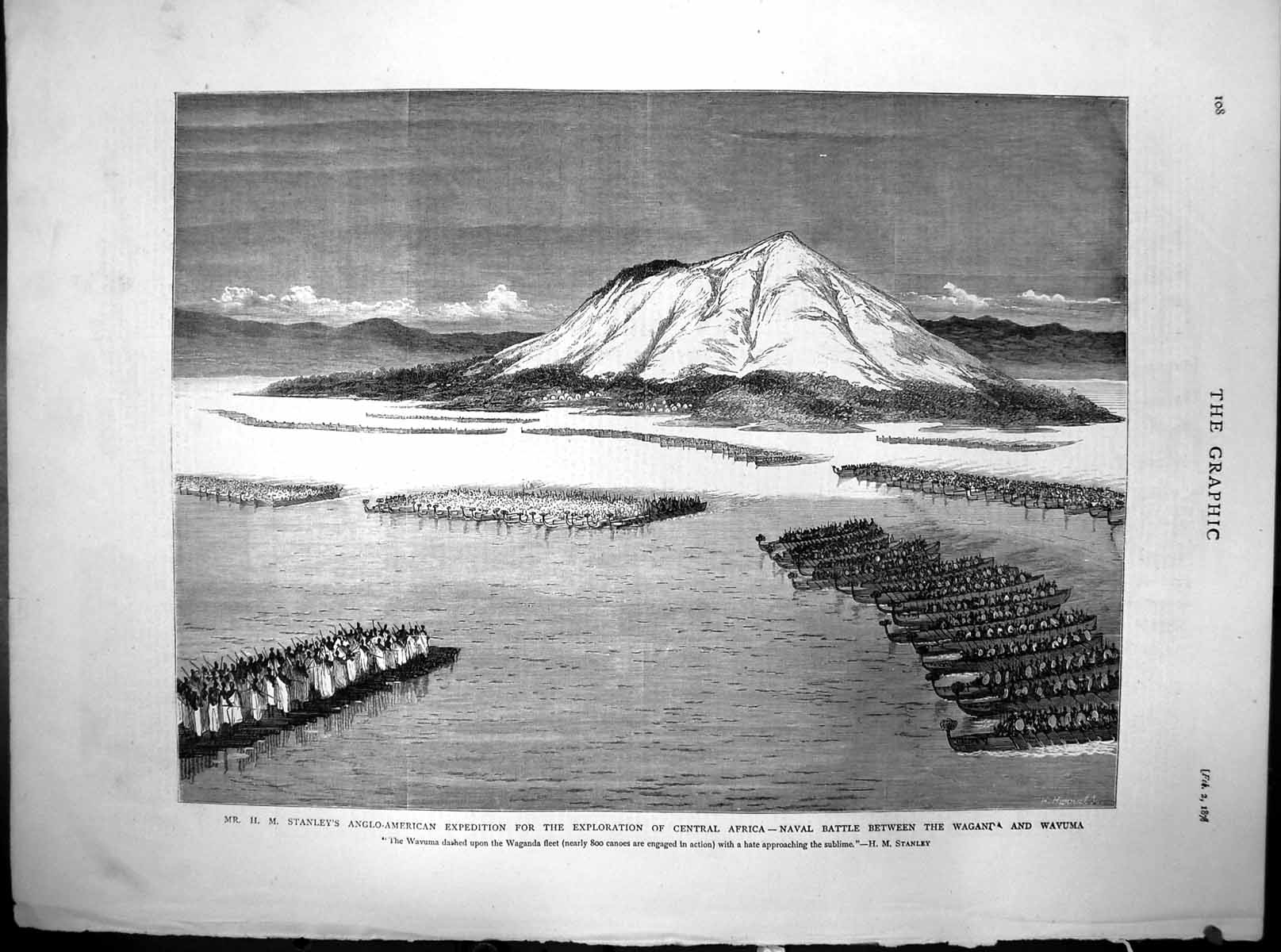 Old Antique Print Naval Battle Between Waganda & Wavuma Stanleys Exp 1878 19th