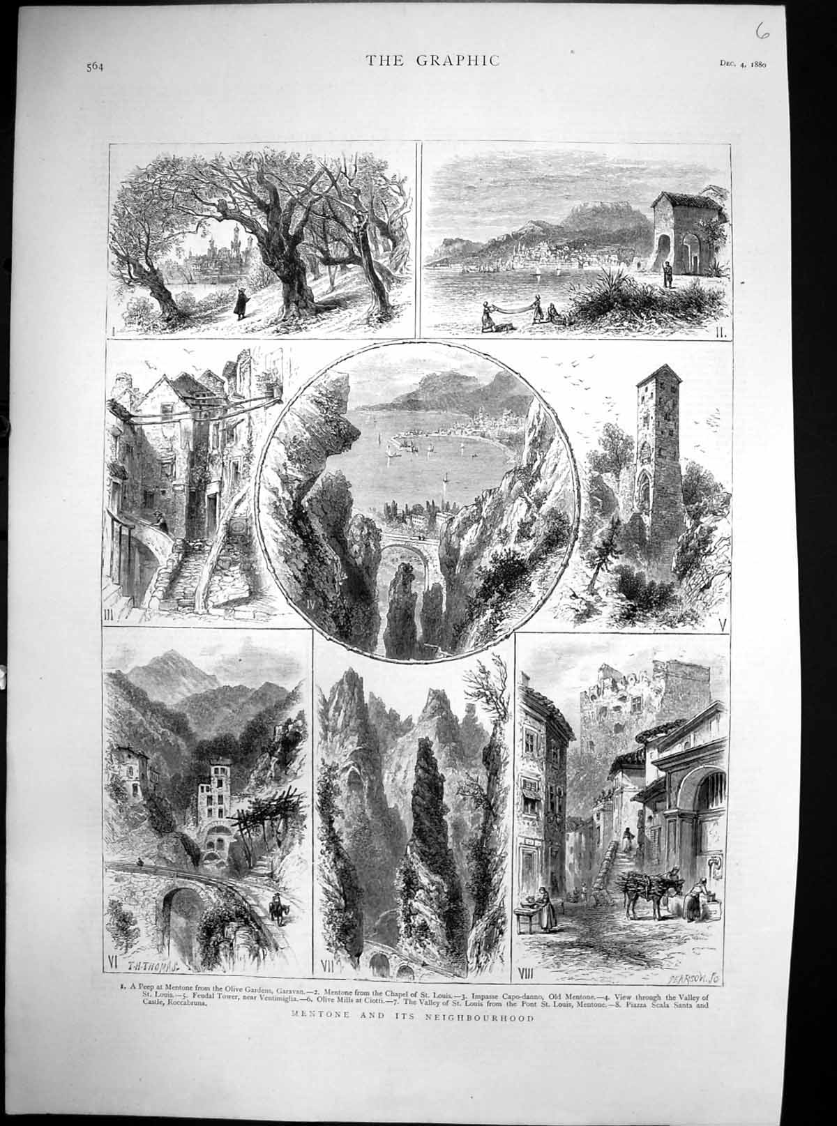 Old Print Mentone Valley St Louis Olive Mills Ciotti Castleroccabruna1880 19th