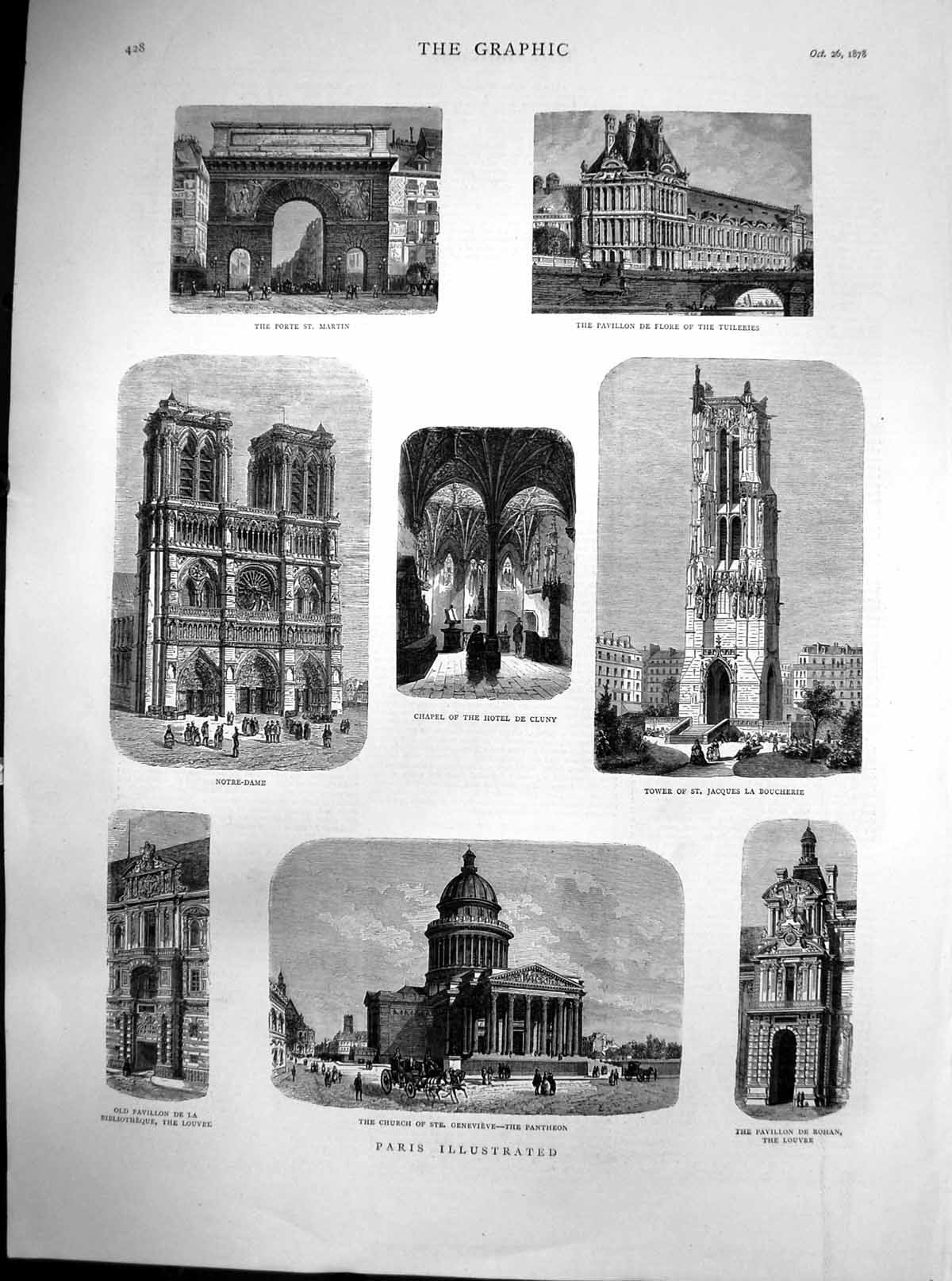Old Print Paris Notre Dame Pavilion De Rohan Louvre Porte St Martin 1878 19th