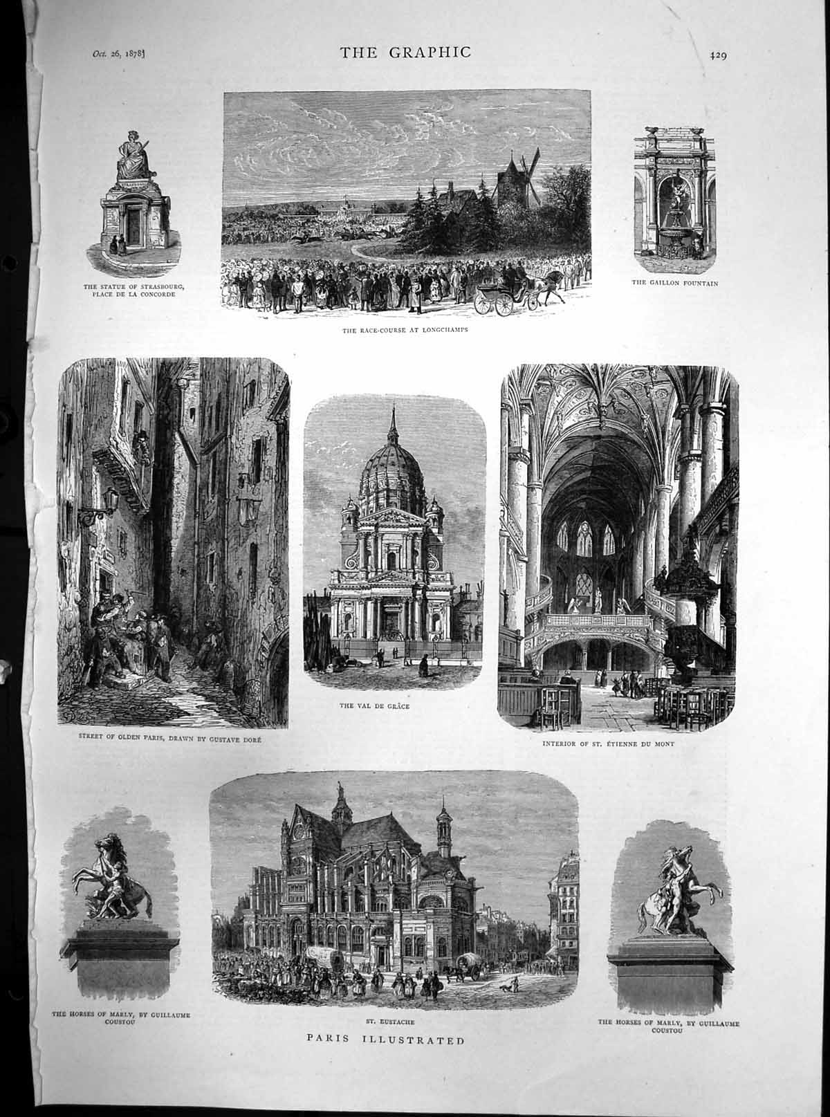 Old Antique Print Paris Val De Grace St Etienne Du Mont Horses Marly 1878 19th