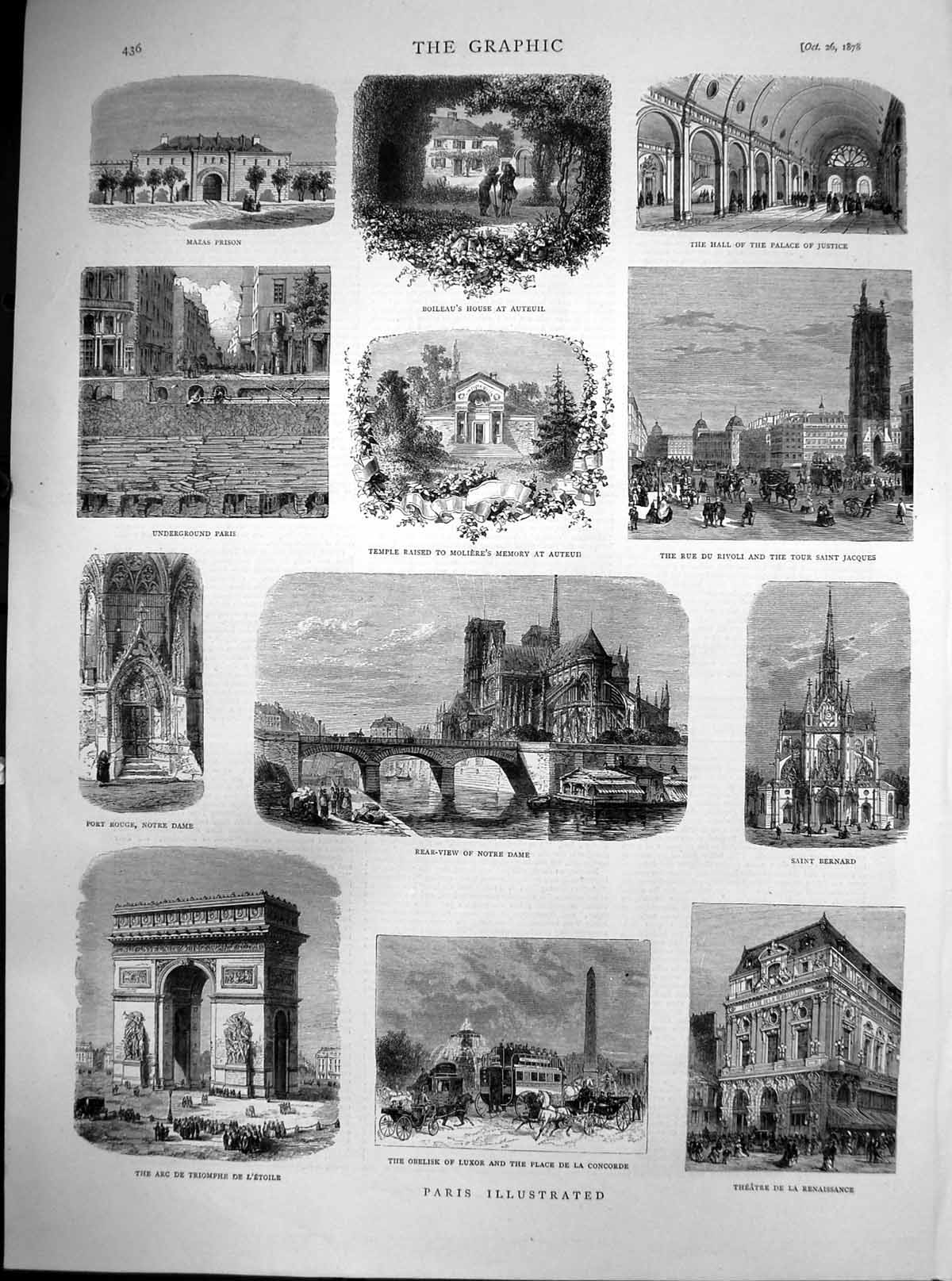 Antique Old Print Paris Mazas Prison Underground Arc De Triomphe Theatre 1878