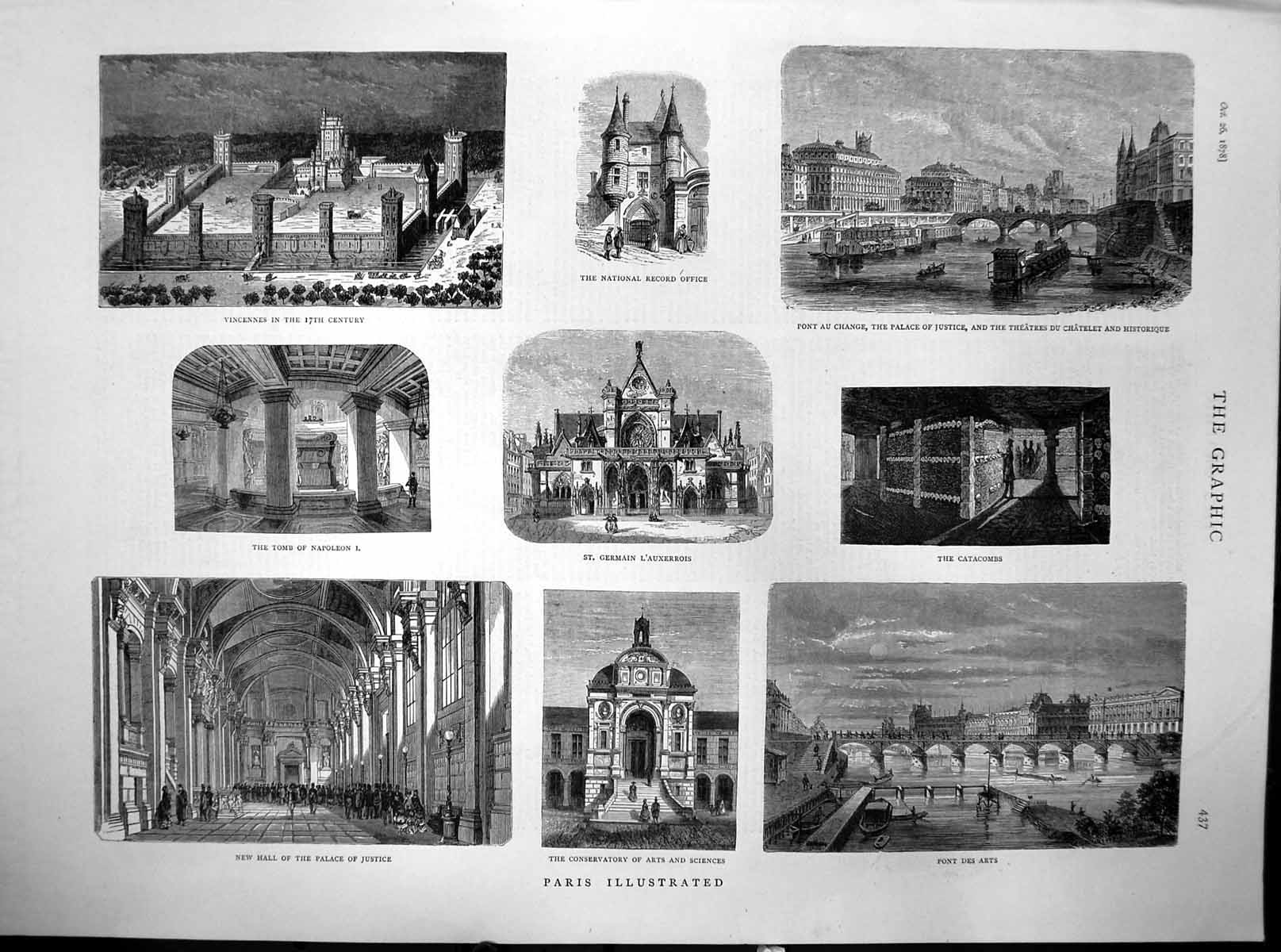 Antique Old Print Paris Palace Justice Pond Des Arts Catacombs Vincennes 1878