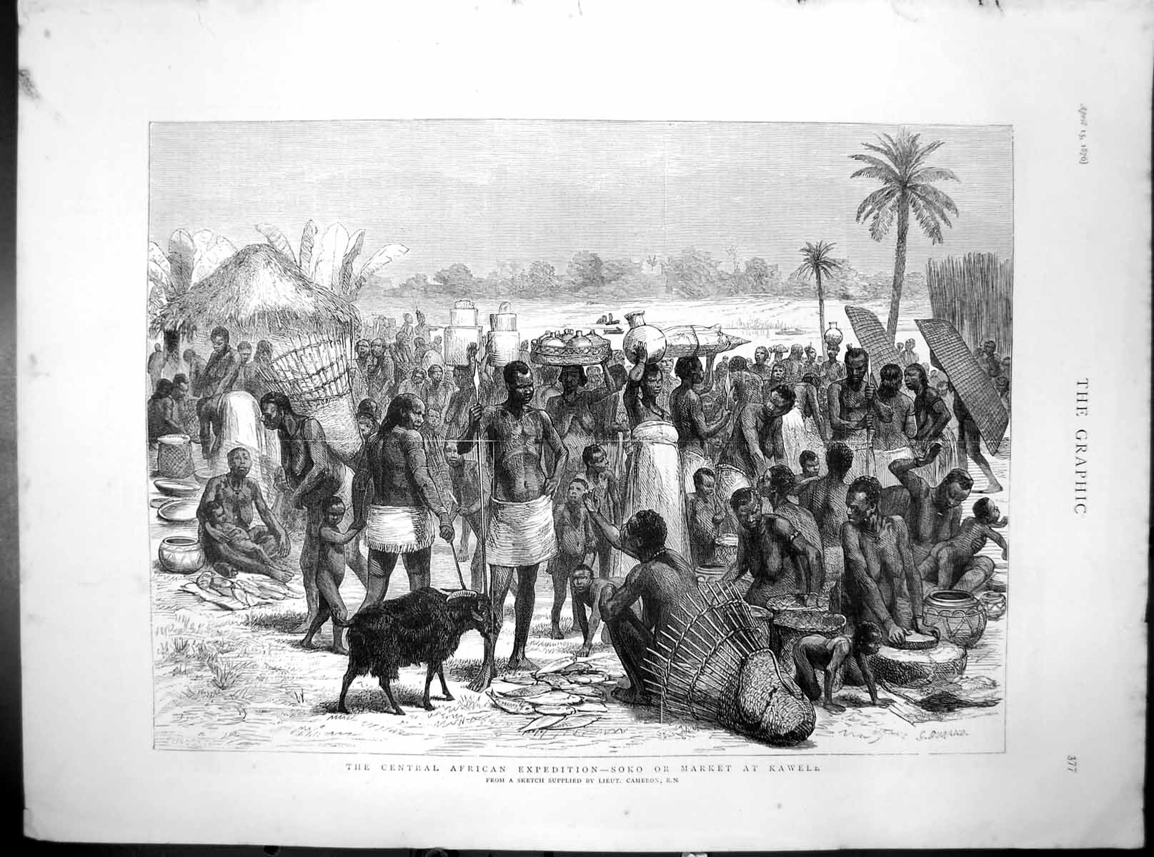 Original Old Antique Print Central African Expedition Soko Markrt Kawele 1876