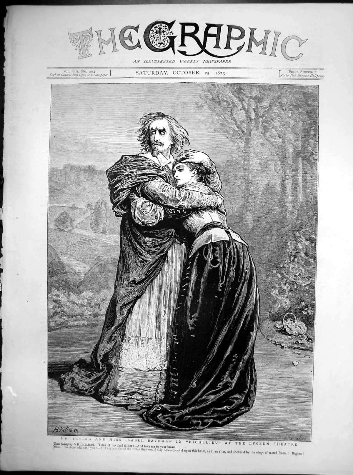 Old Antique Print Irving Isabel Bateman In Richelieu Lyceum Theatre 1873 19th