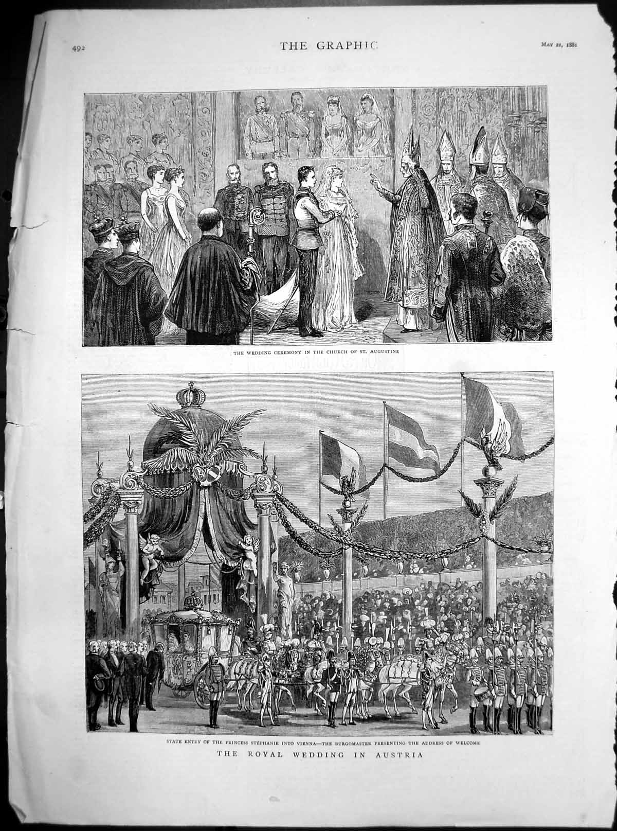 Original Old Antique Print Royal Wedding Austria Princess Stephanie Vienna 1881