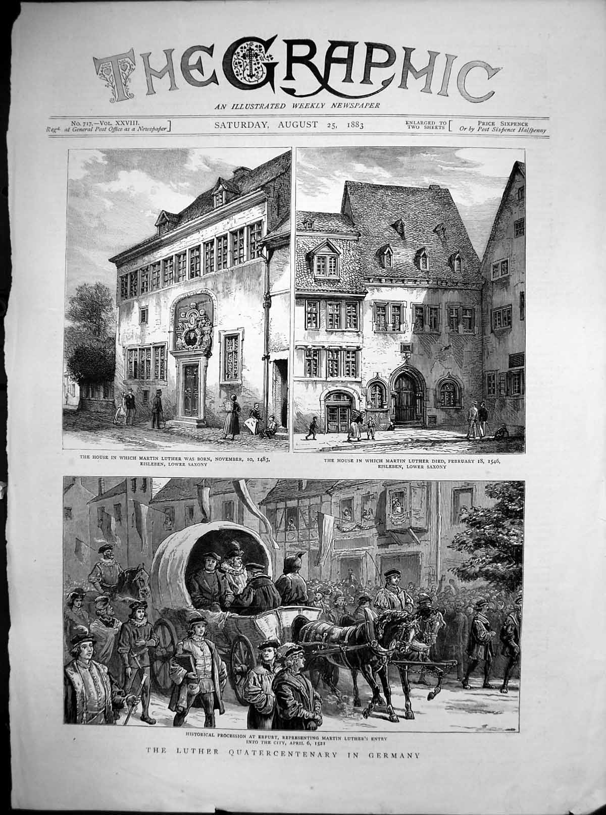 Antique Old Print Luther Quatercentenary Germany Martin Luther Erfurt 1883 19th