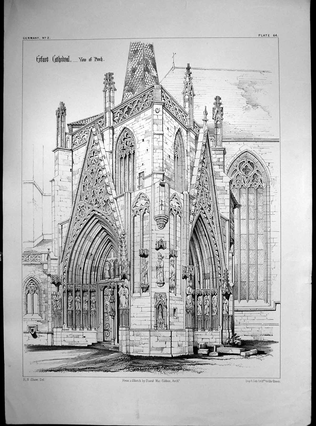 Old Antique Print Erfurt Cathedral View Porch David Macgibbon Arch C 1880 19th