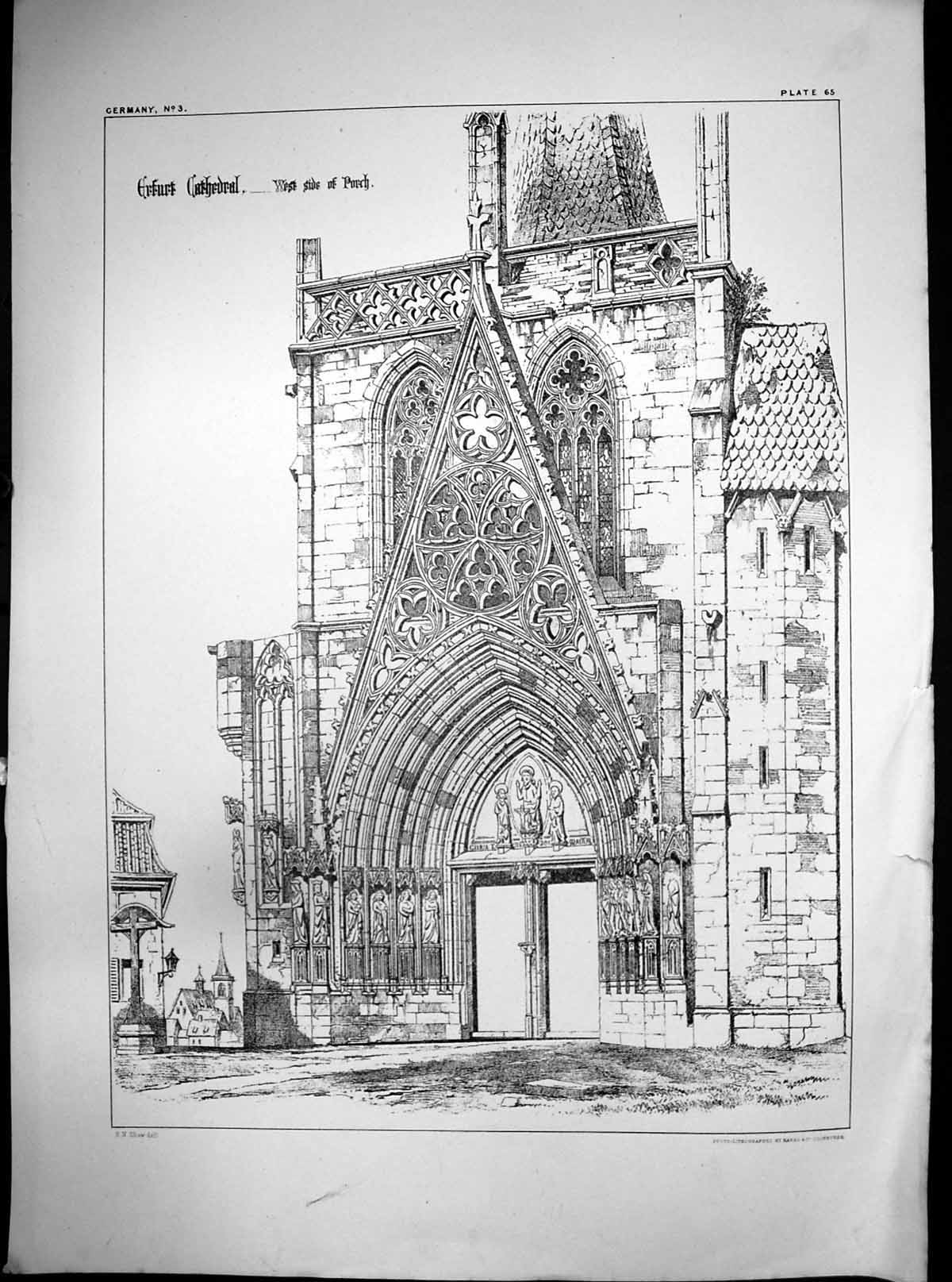 Original Old Antique Print West Side Porch Erfurt Cathedral Germany C1880 19th