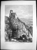 Original Old Antique Print View Rhine Valley From Girsberg Castle Ruins 1870