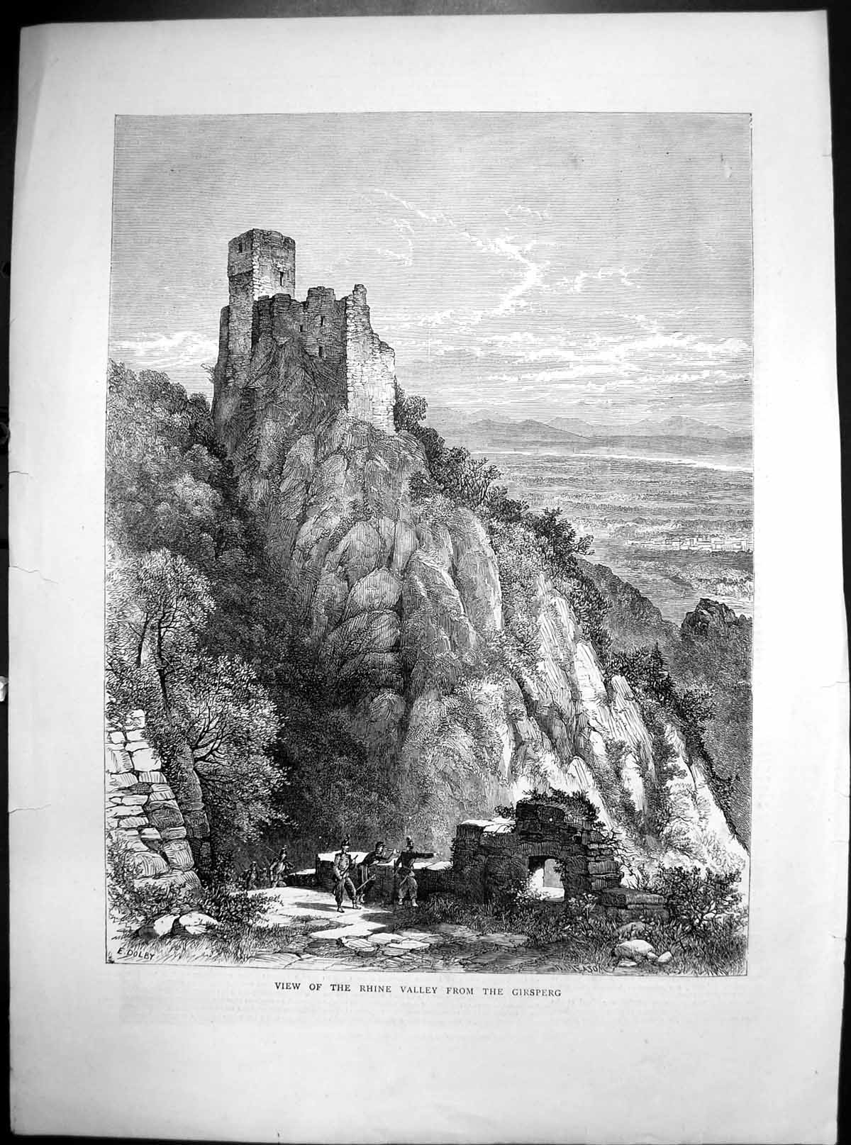 Original Old Antique Print View Rhine Valley From Girsberg Castle Ruins 1870