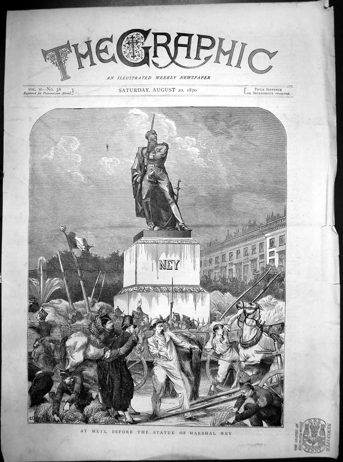 Original Old Antique Print Metz Crowd Front Statue Marshal Ney 1870 Victorian