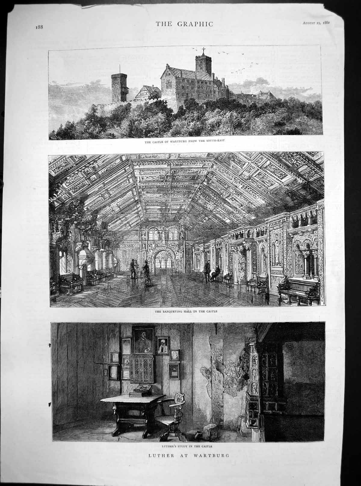 Original Old Antique Print Luther Wartburg Castle Banqueting Hall Study 1882