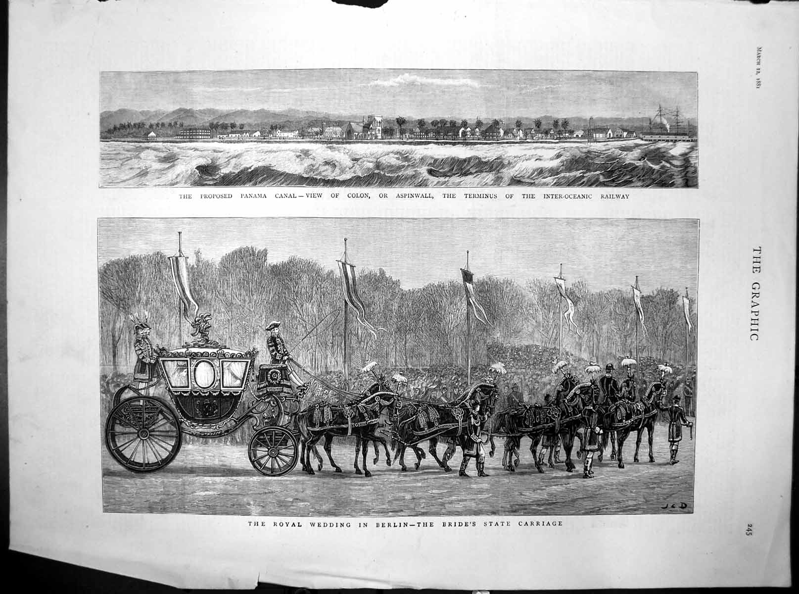Original Old Antique Print Proposed Panama Canal Brides Carriage Berlin 1881