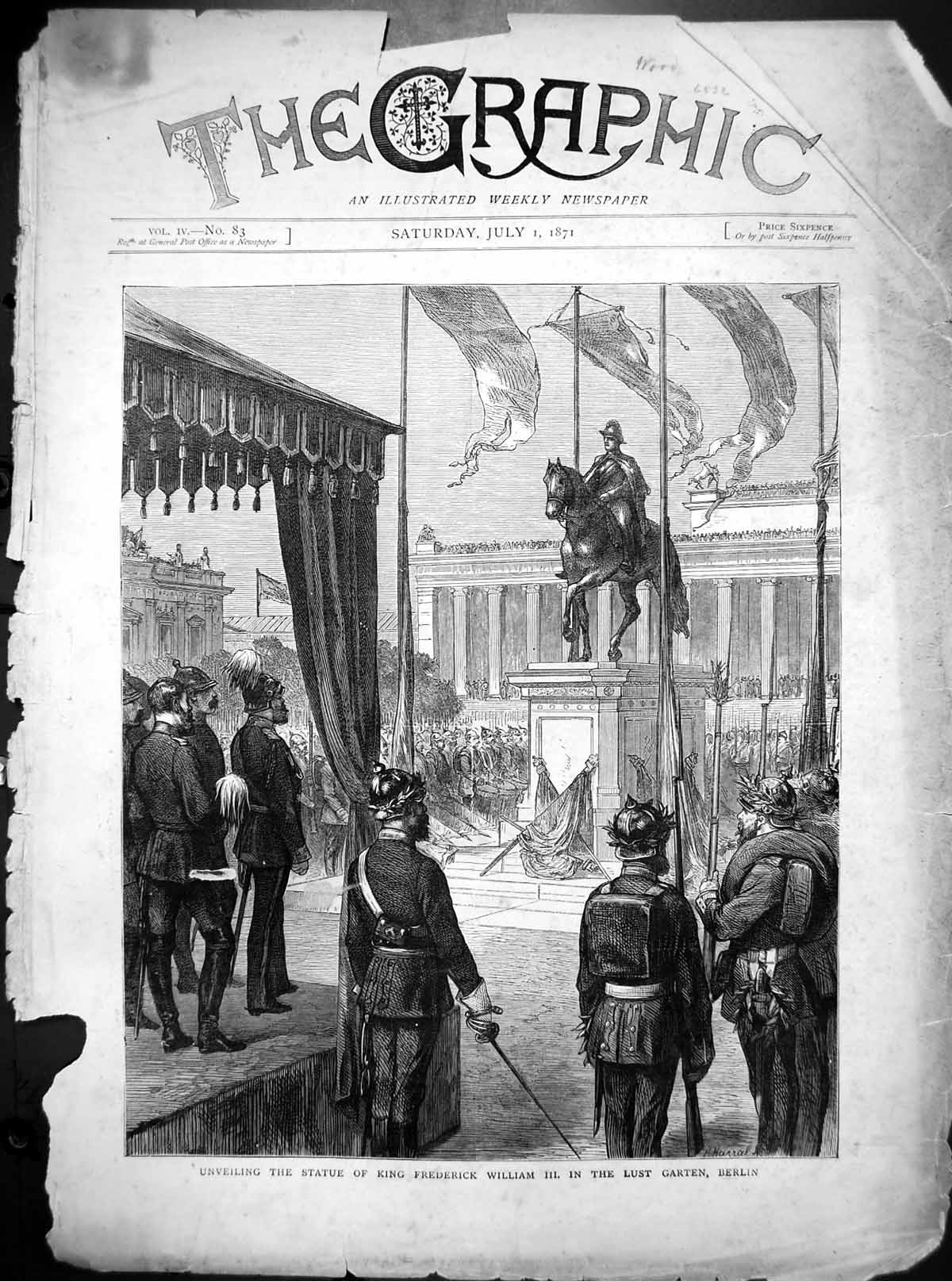 Antique Old Print Unveiling Statue King Frederick William Lust Garten 1871 19th