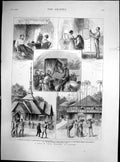 Original Old Antique Print Sketches India Rangoon Ball Palanquin Croquet 1875