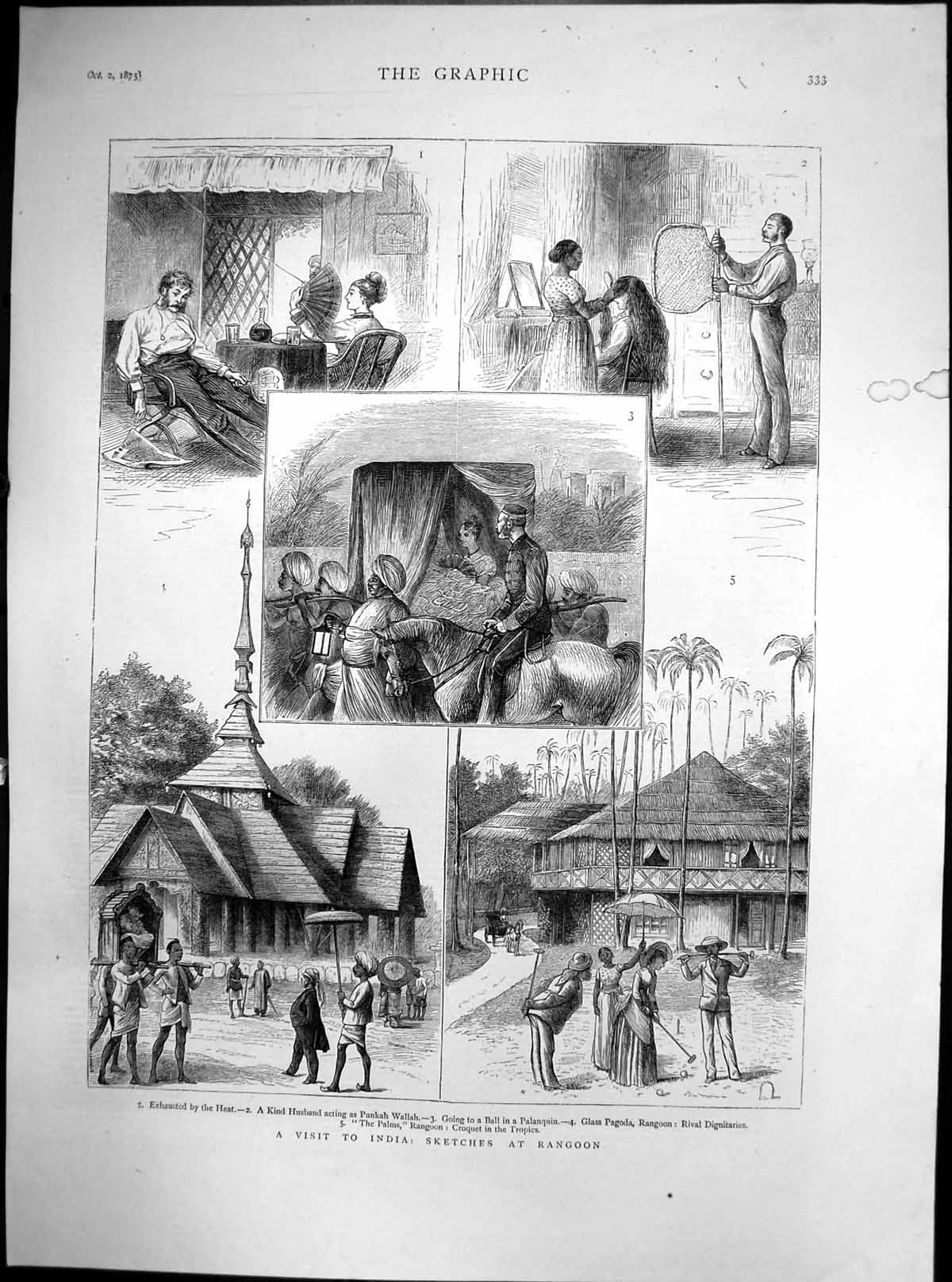 Original Old Antique Print Sketches India Rangoon Ball Palanquin Croquet 1875