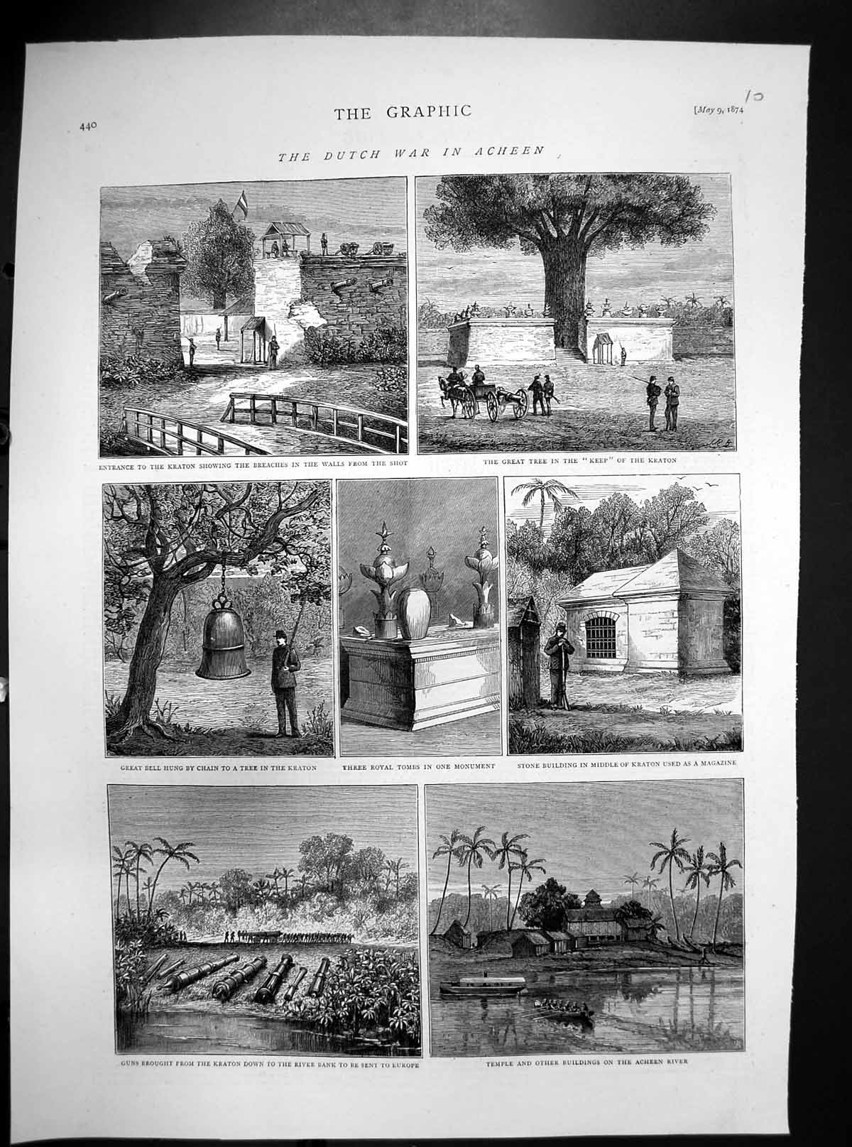 Original Old Antique Print Dutch War Acheen Kraton Great Bell Royal Tombs 1874