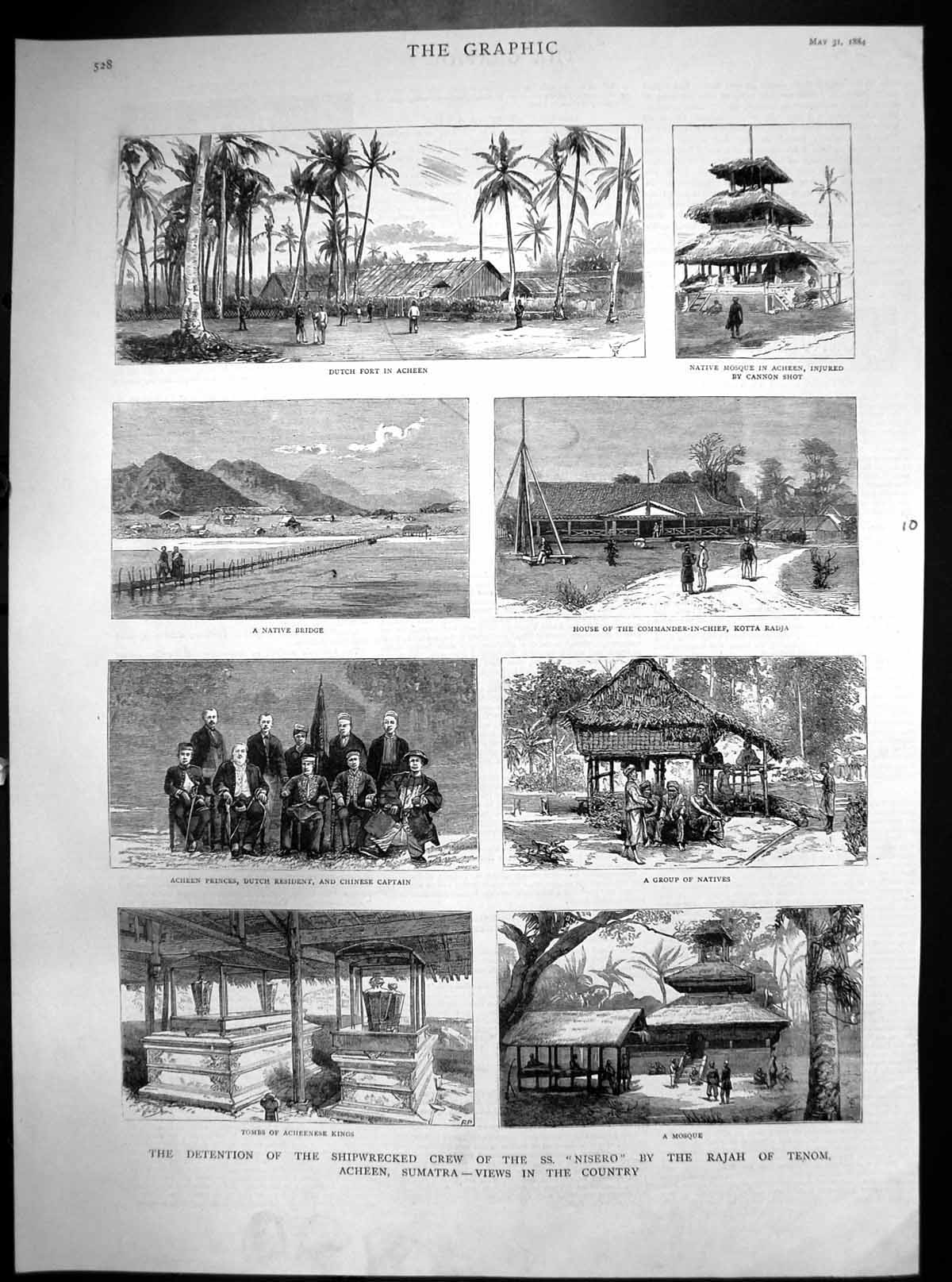 Antique Old Print Detention Shipwrecked Crew Nisero Rajah Tenom Acheen 1884