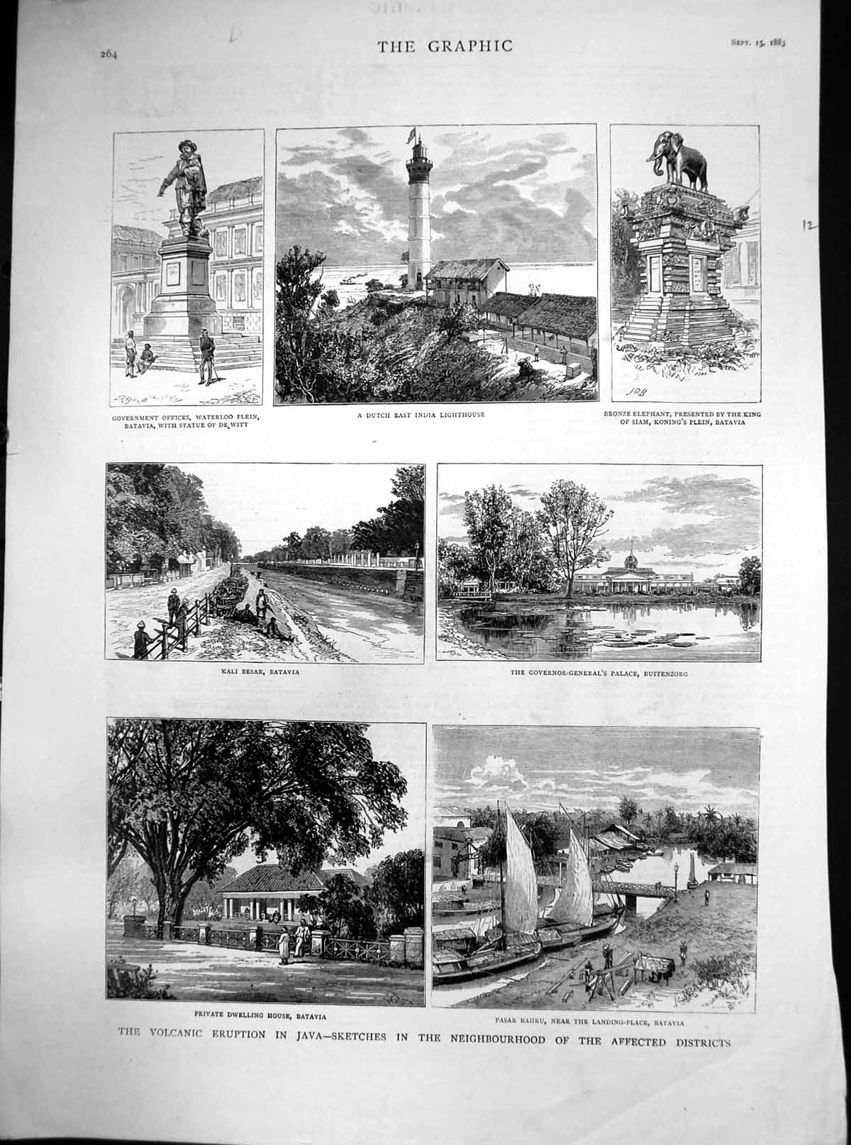 Old Print Volcanic Eruption Java Kali Besar Batavia Bronze Elephant 1883 19th