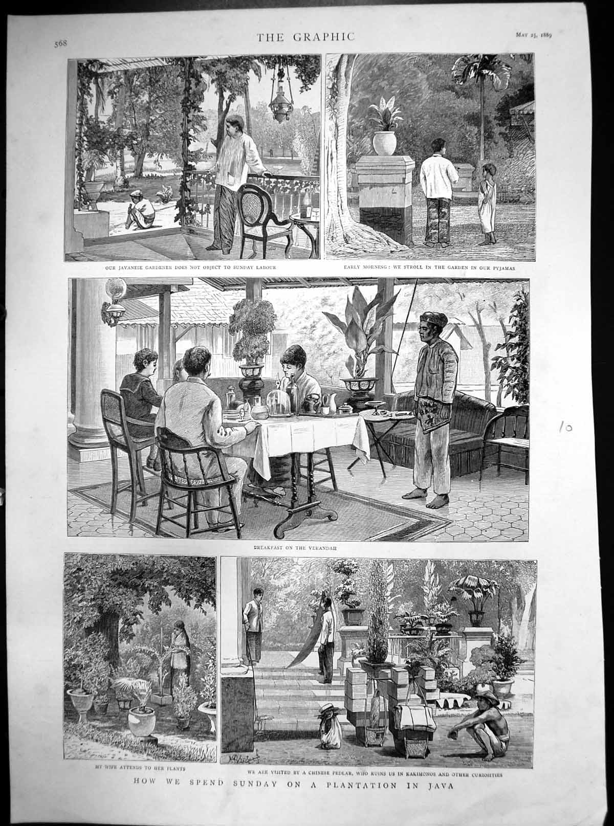 Old Antique Print Plantation Java Breakfast On Veranda Garden Plants 1889 19th