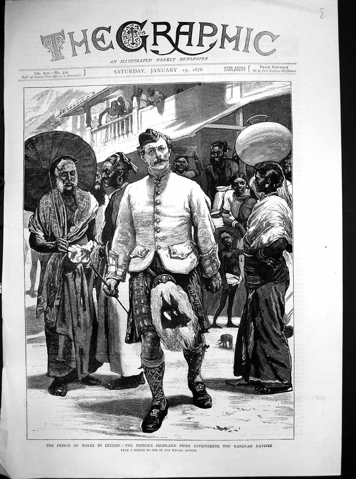 Old Antique Print Prince Wales Ceylon Highland Piper Kandyan Natives 1876 19th