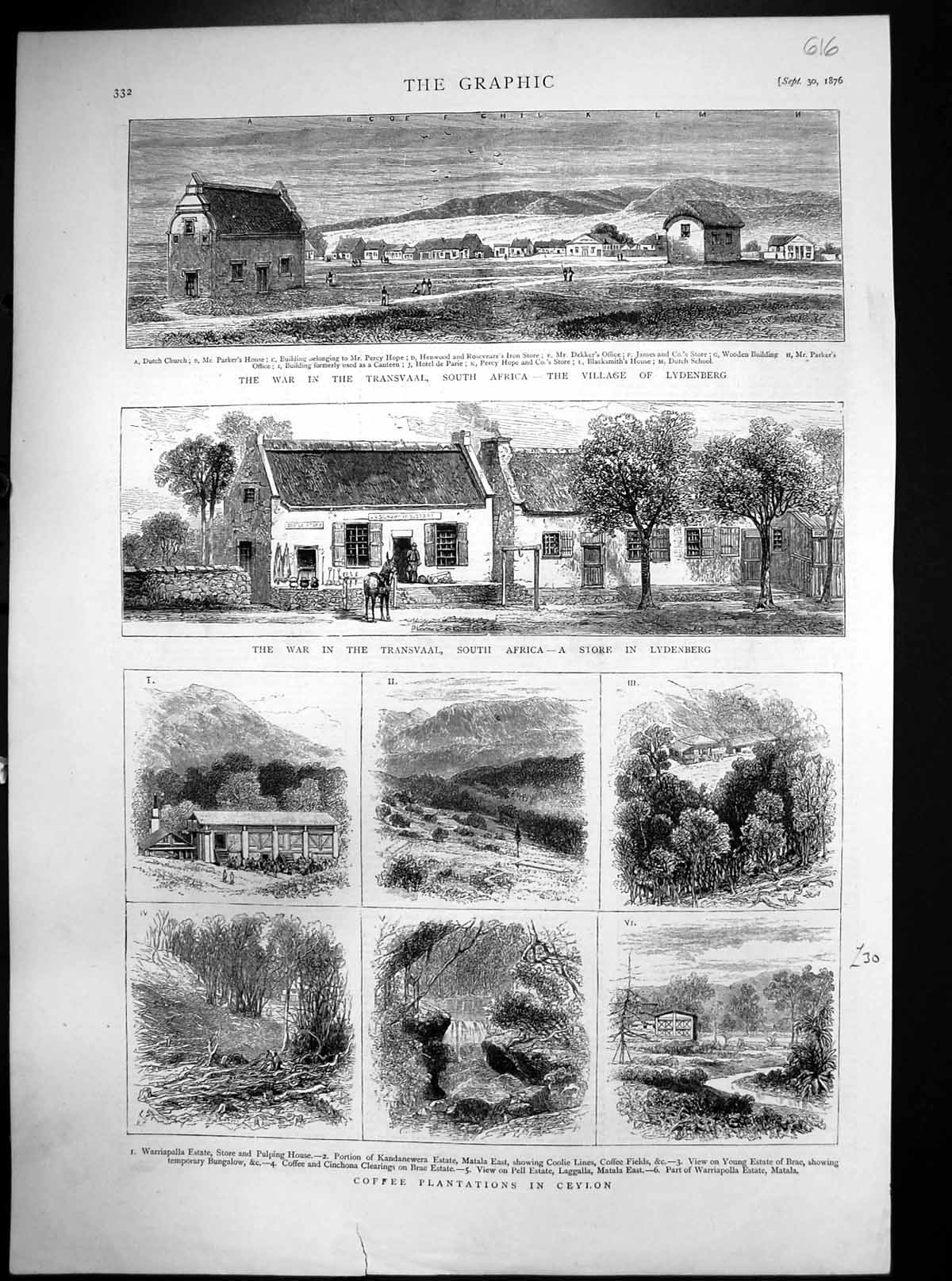 Old Antique Print Coffee Plantations Ceylon War Transvaal Lydenberg 1876 19th