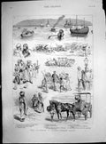 Antique Old Print Hms Agamemnon Colombo Harbour Ceylon Singhalese Village1885