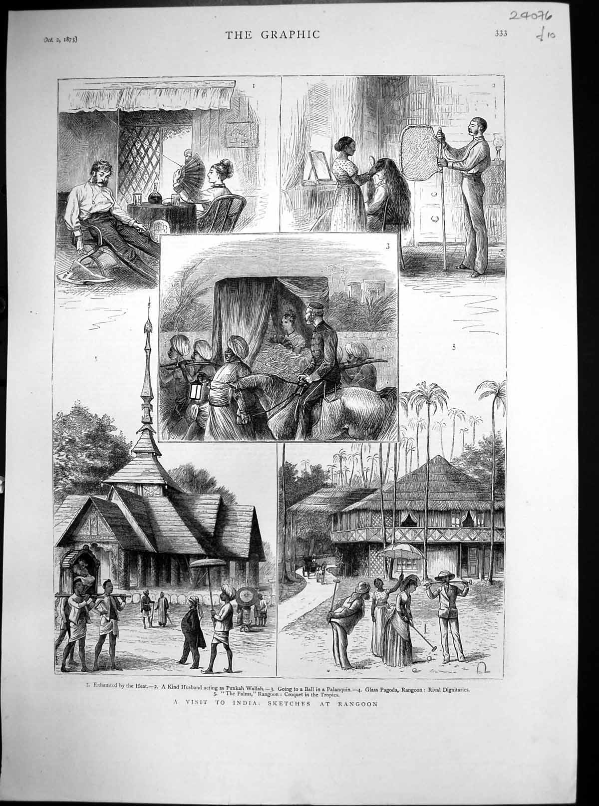 Original Old Antique Print India Sketches Rangoon Palanquin Glass Pagoda 1875
