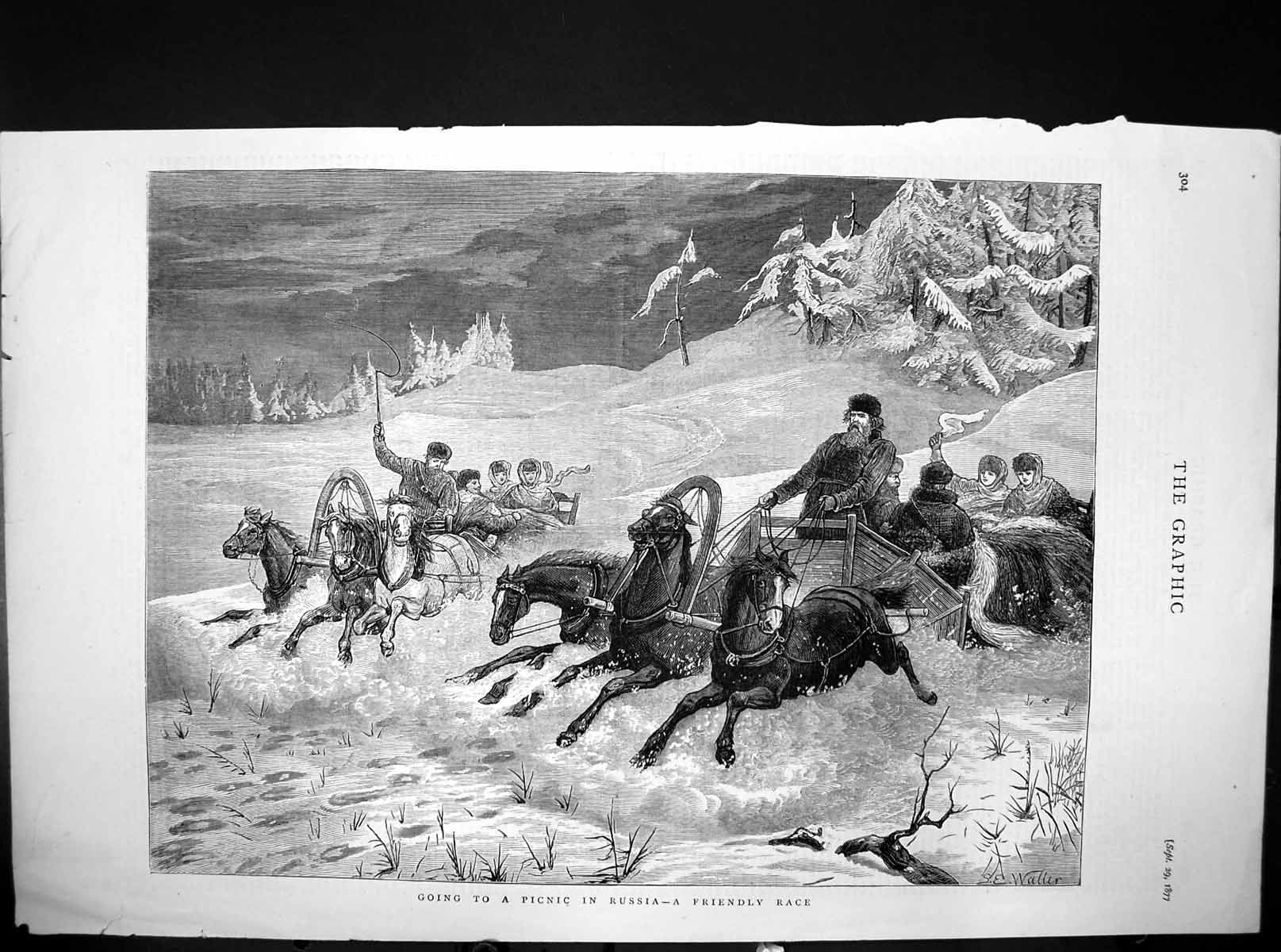 Antique Old Print Going To Picnic Russia A Friendly Race Horse Carriages 1877