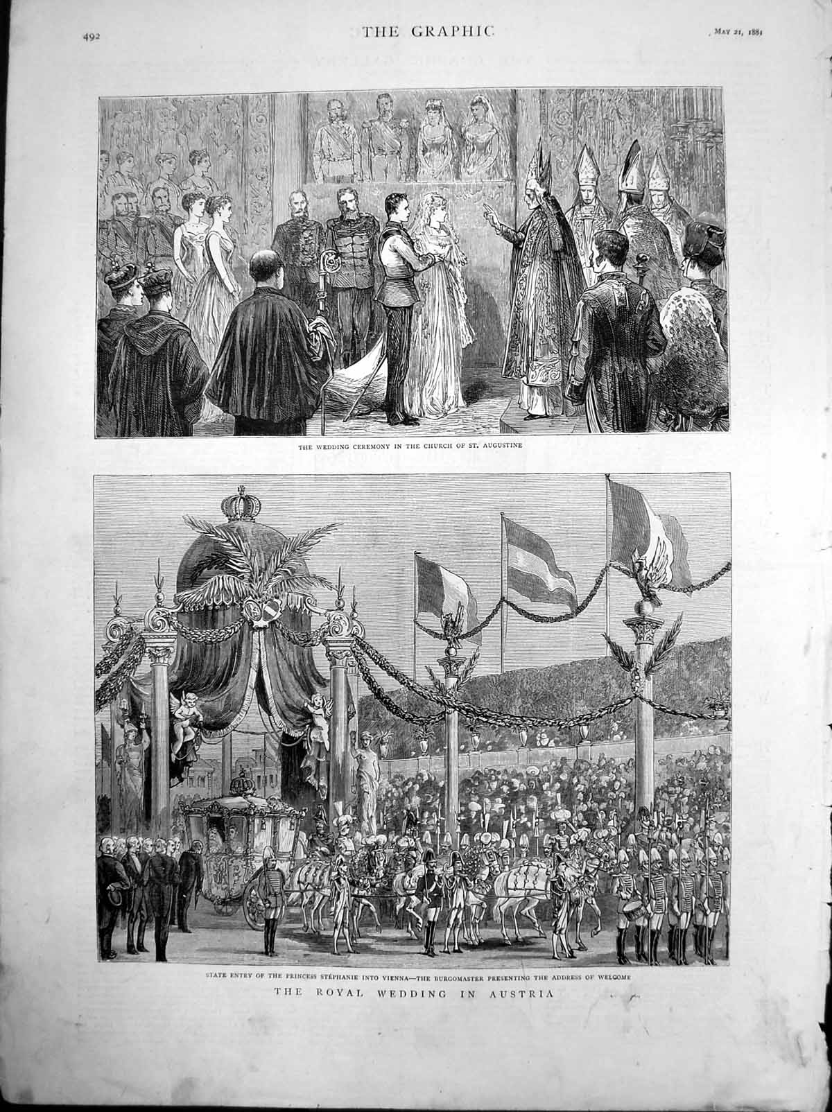 Antique Old Print Royal Wedding Austria Princess Stephanie Entry Vienna 1881