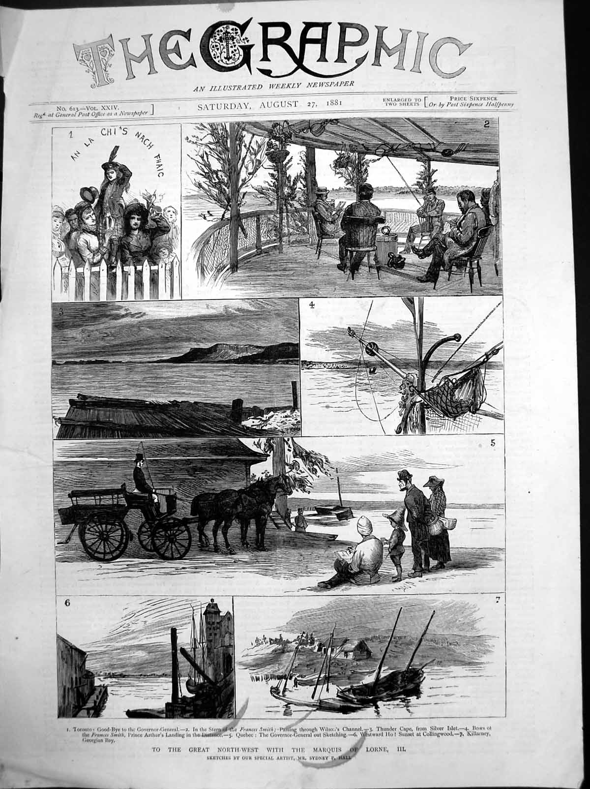 Original Old Antique Print Great North West Marquis Lorne Toronto Quebec 1881